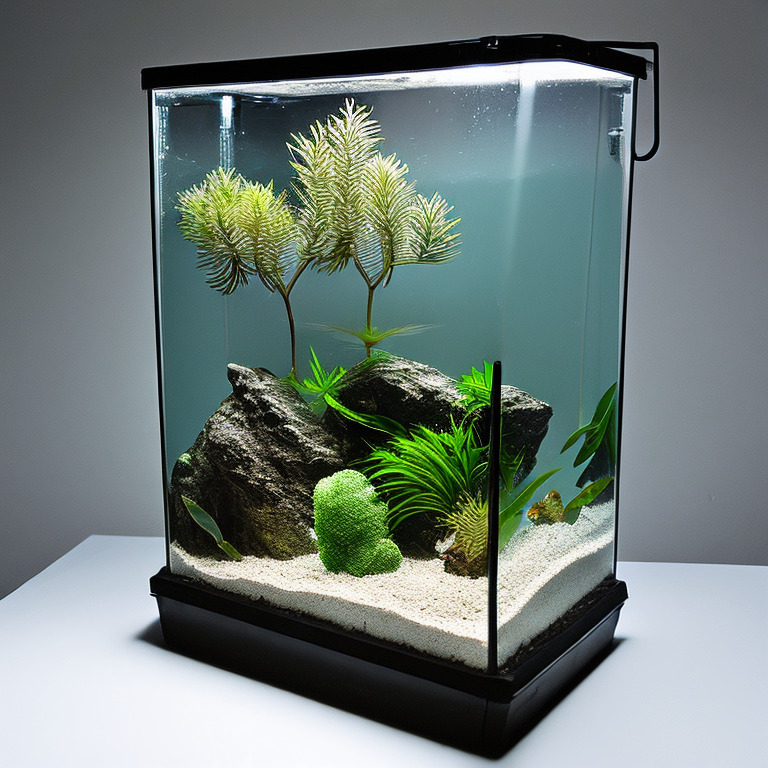 A nano aquarium with minimal plants and rocks